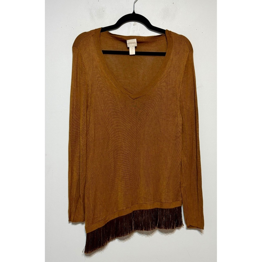 Chicos Coastal Cowgirl Neutral Fringe Trim Sweater Womens Size (2) 12 Indie Boho